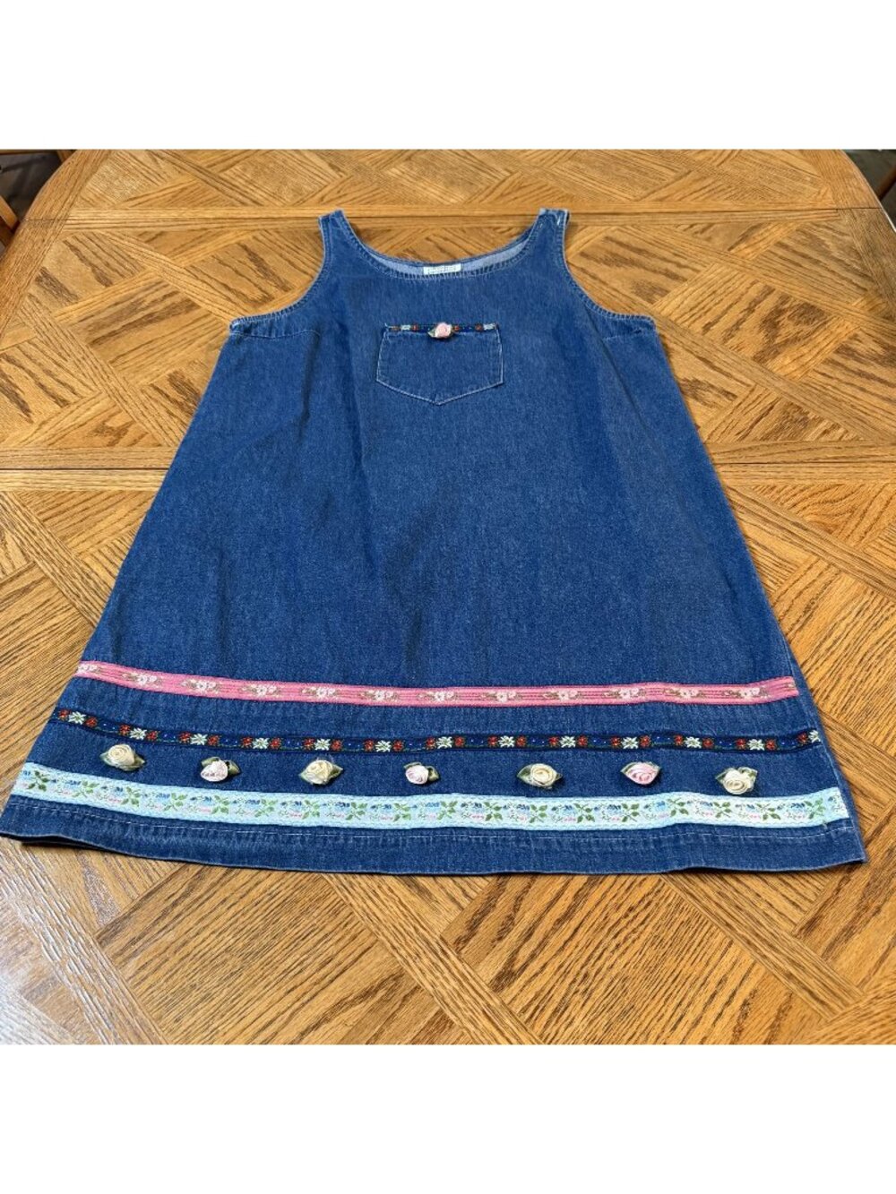 Vintage Promises Promises Denim Jumper Sleeveless Floral Trim & Rosette Size 10